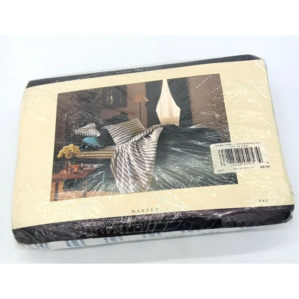 Vtg Martex Tuxedo Stripe Wedgewood Blue 180 Percale No Iron Twin Sheet Set NIP